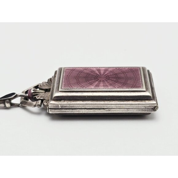 Vintage Art Deco Sterling Silver Black & Purple Enamel Pendant Watch Necklace - Picture 10 of 16